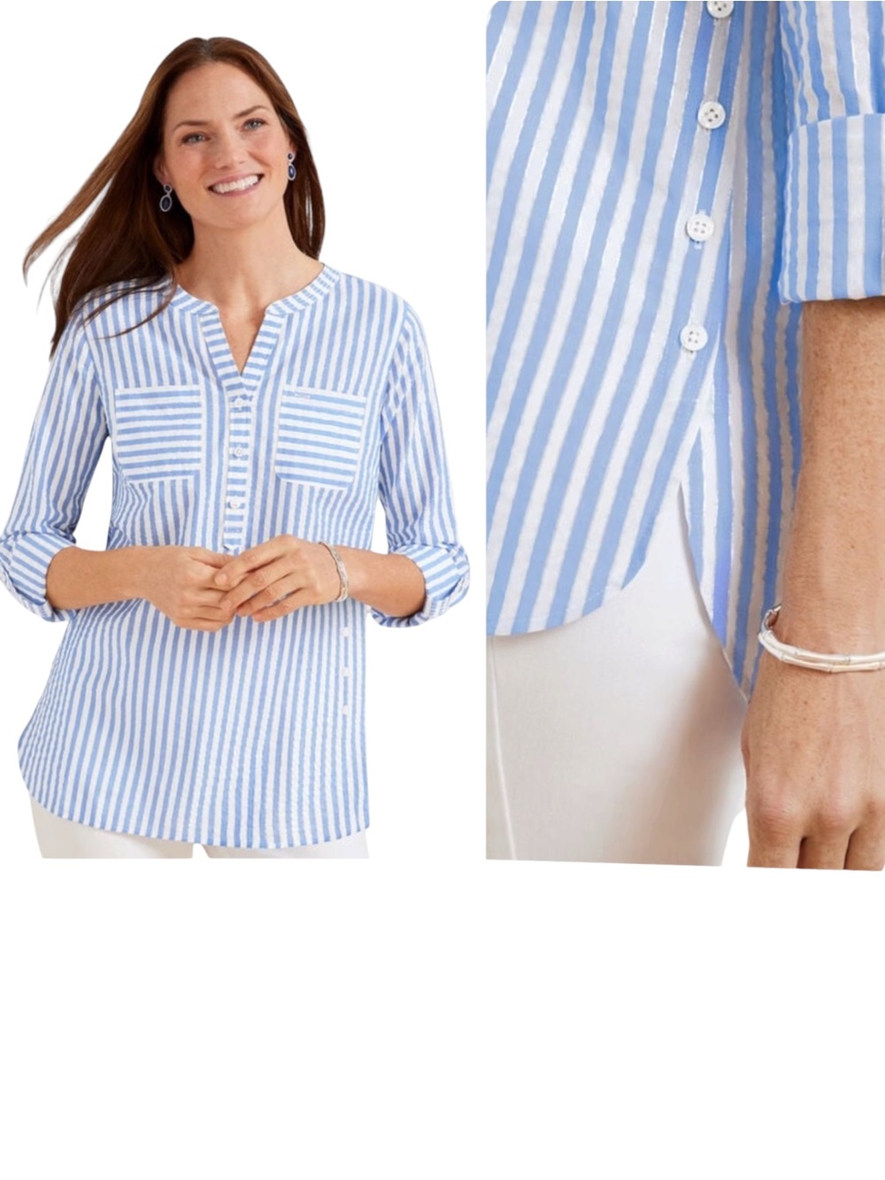 Talbots Metallic Seersucker Side Button Camp Shirt Size L Blue Roll Tab Sleeve